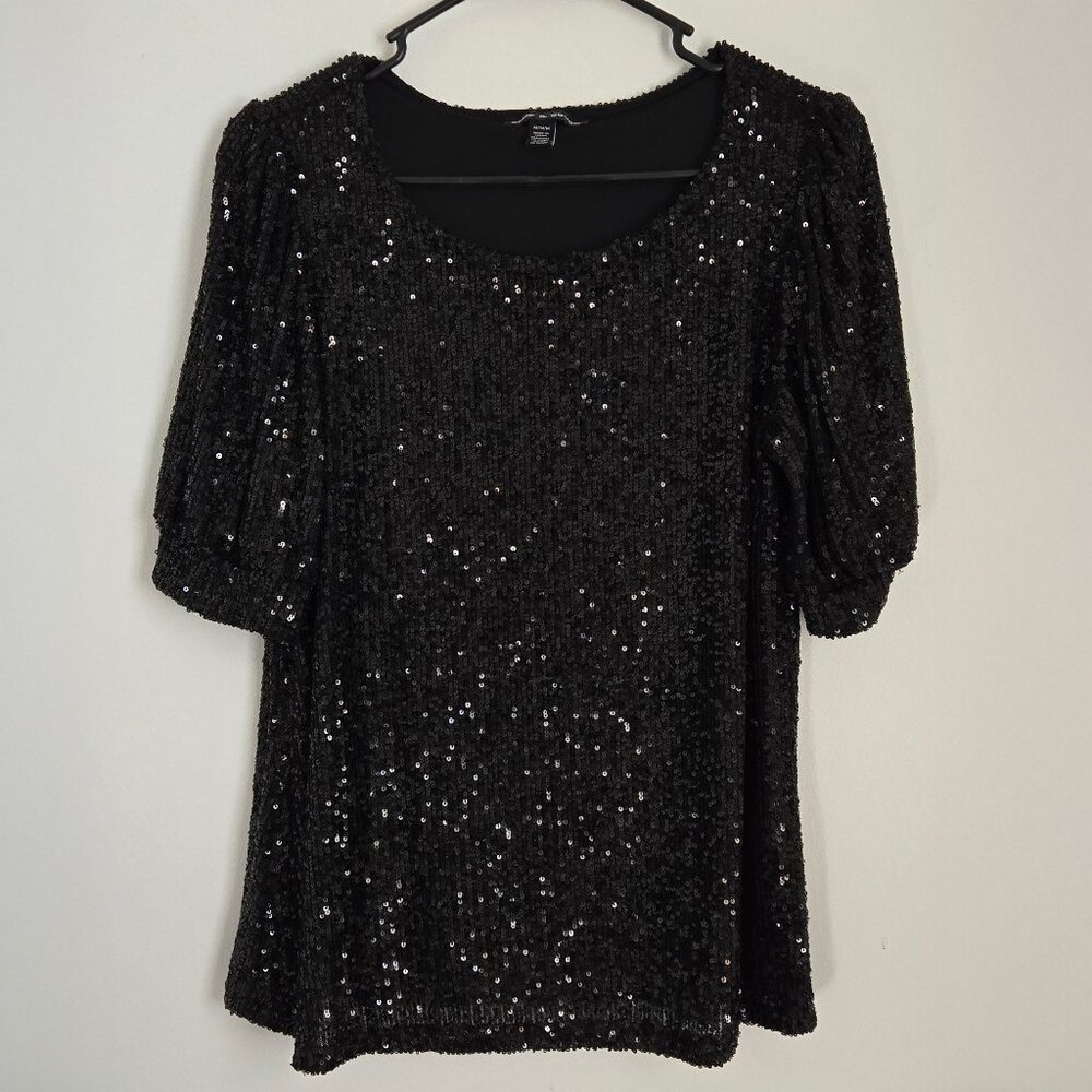 CABLE & GAUGE Black Sequin Short Sleeve Top Size M